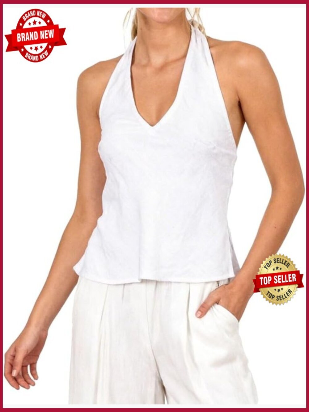 100% Linen Halter Crop Top Backless Self-Tie Sleeveless Blouse